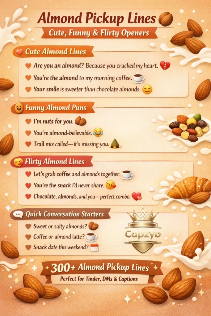 Phonographic showing cute, funny, and flirty almond pickup lines with examples for Tinder, DMD, captions, and conversation starters.