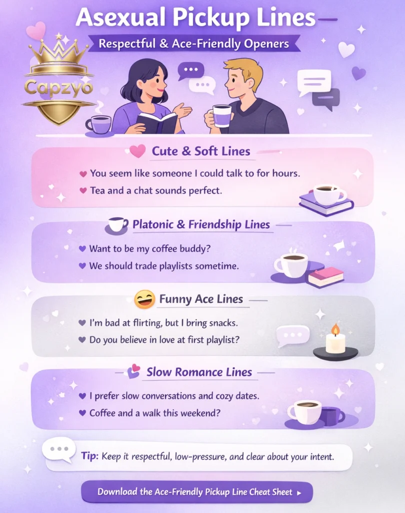 Asexual pickup lines phonographic showing respectful, ace-friendly conversation starters including cute, platonic, funny, and slow-romance openers.