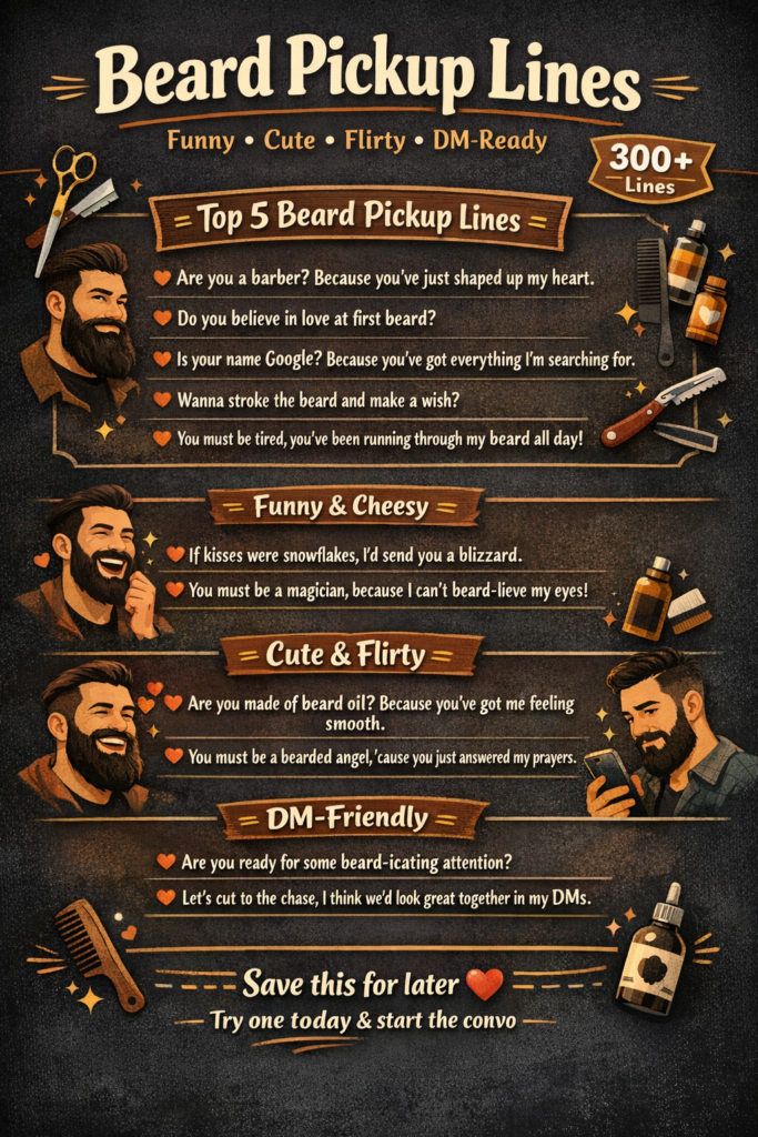 Beard pickup lines infographic featuring 300+ funny, cute and flirty one-liners for DMs, captions and real life conversations, with stylish beard illustrations and barbershop theme.
