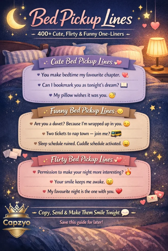 Infographic showing bed pickup lines including cute, funny, and flirty one-liners for texts, dating apps, and romantic messages.