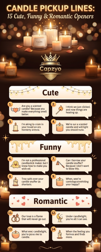 Infographic showing 15 cute, funny, and romantic candle pickup lines with cozy candlelight illustrations and warm aesthetic design.