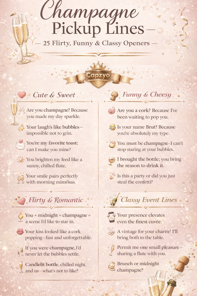 Champagne pickup lines infographic featuring 25 flirty, funny, and classy openers for dating apps, parties, weddings, and romantic conversations.