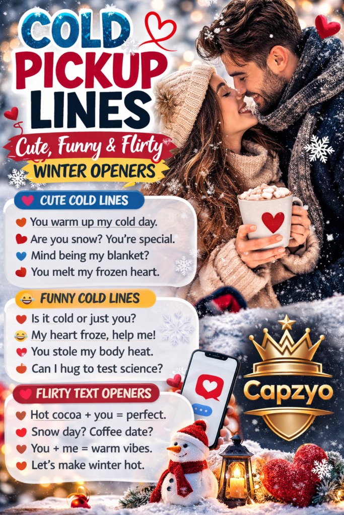 Infographic showing cute, funny, and flirty cold pickup lines with winter icons like snowflakes, hot chocolate, and scarves for starting conversations in cold weather.