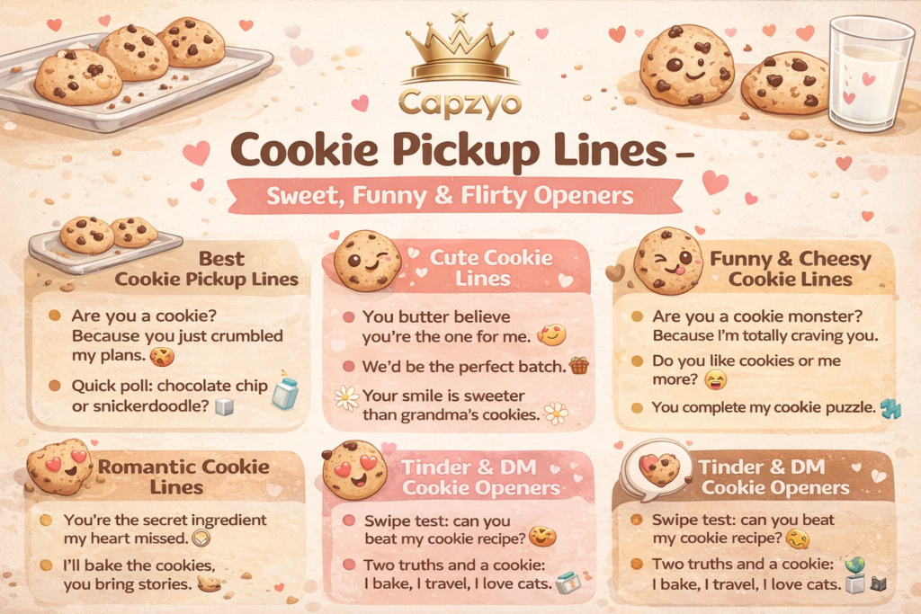 Info graphic showing cookie pickup lines including sweet, funny, romantic, and Tinder DIM openers with cute cookie illustrations and bakery-themed design.