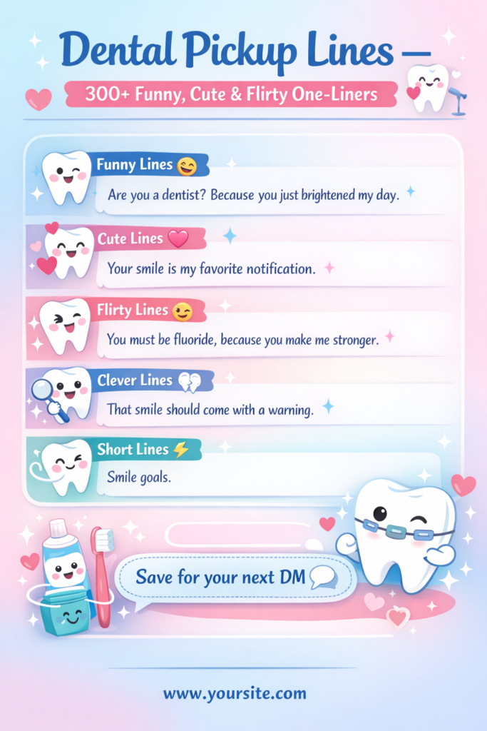 Dental pickup lines infographic featuring funny, cute, flirty, and clever smile-themed one-liners for DMs, captions, and dating apps
