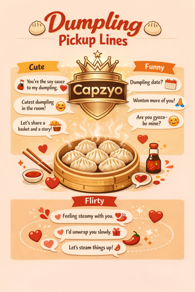 “Infographic showing cute and funny dumpling pickup lines with a steaming dumpling basket, speech bubbles, and icons for Tinder messages, Instagram captions, and foodie flirting.”