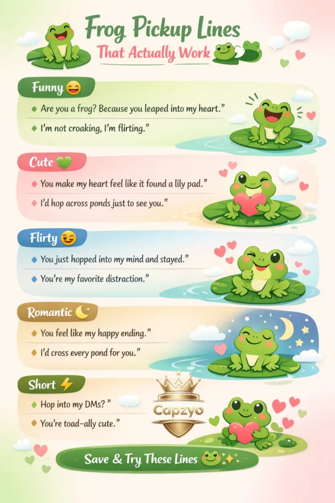 Infographic showing funny, cute, flirty, romantic, and short frog pickup lines for texting, dating apps, captions, and real-life flirting