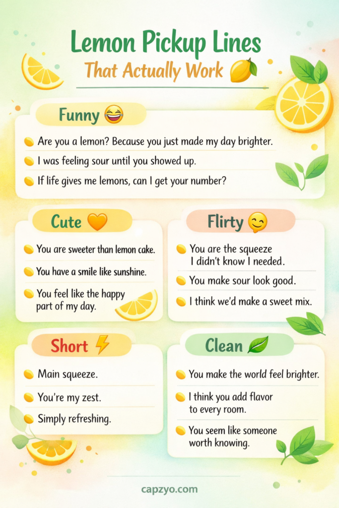 Infographic showing lemon pickup lines, including funny, cute, flirty, short, and clean examples for Tinder, Bumble, captions, and texting.