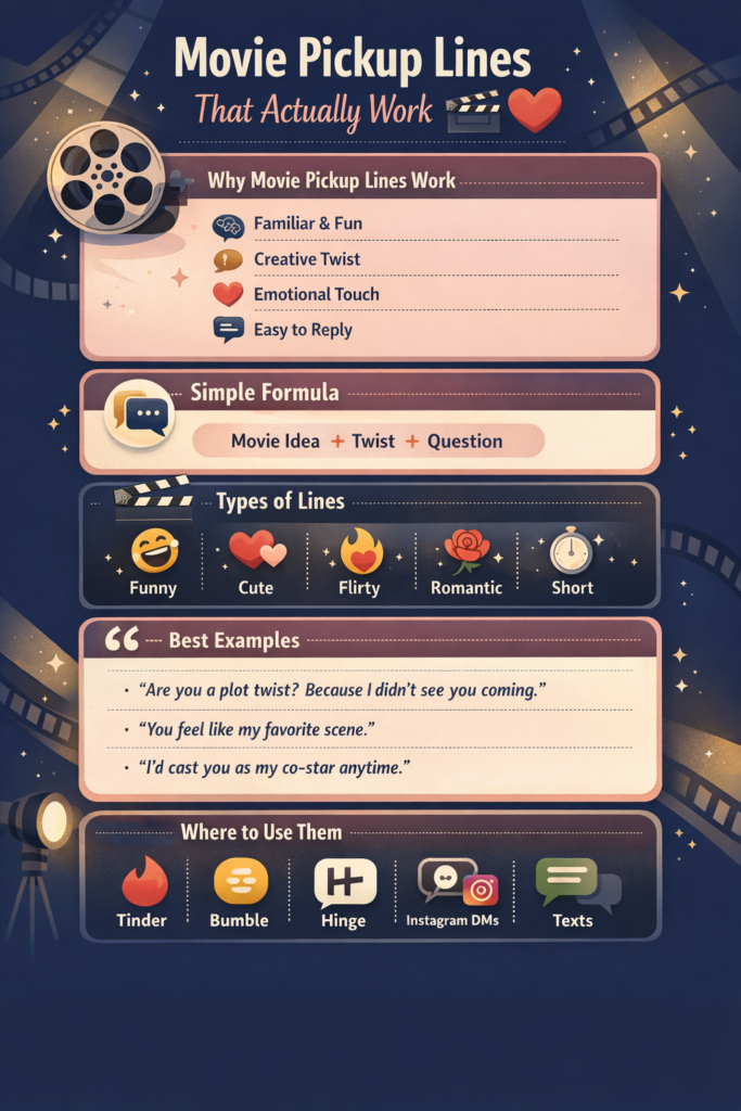 Infographic showing movie pickup lines that work, including funny, cute, flirty, and romantic examples with tips for Tinder, Bumble, Hinge, and DMs