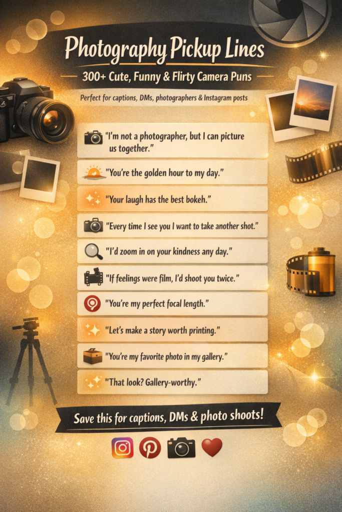 Infographic showing photography pickup lines with cute, funny, and flirty camera puns for captions, photographers, and Instagram posts.
