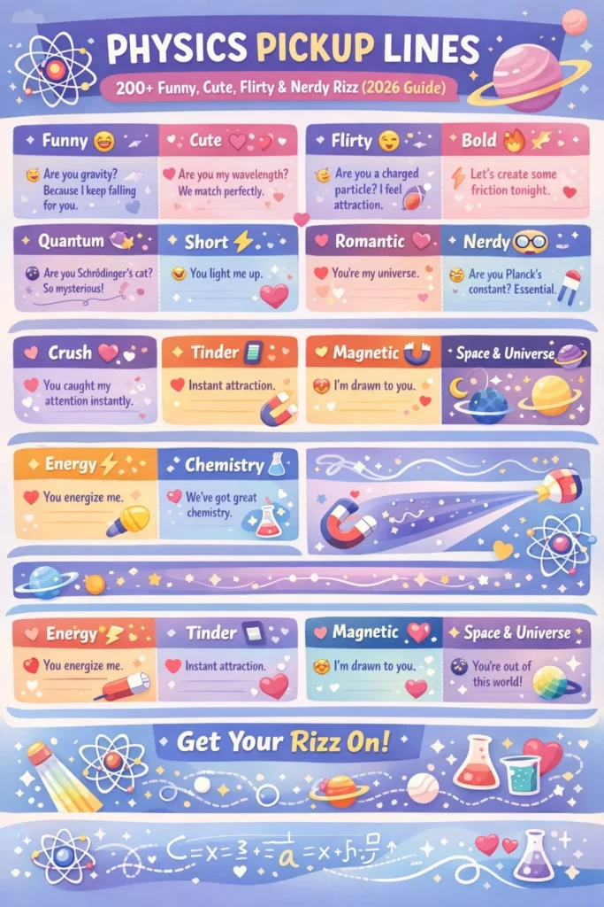 Infographic showing 200+ physics pickup lines categorized into Funny, Cute, Flirty, Bold, Quantum, Short, Romantic, Nerdy, Crush, Tinder, Magnetic, Space & Universe, Energy, Chemistry + Physics, and Smooth & Classy, with playful physics-themed illustrations.