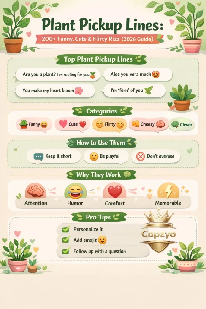 Plant pickup lines infographic showing funny, cute, and flirty plant rizz examples with tips for Tinder, texting, and social media dating in 2026.