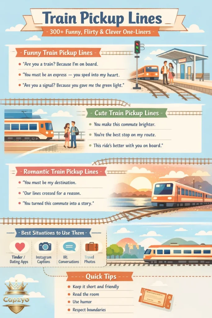 Train pickup lines phonographic featuring funny, cute, and romantic train-themed one-liners for Tinder, DMD, and commuting conversations.