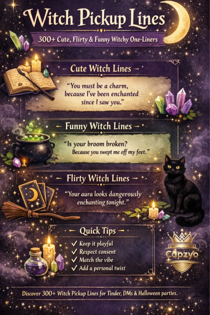 Infographic featuring 300+ witch pickup lines with cute, funny, and flirty witchy one-liners for Tinder, Instagram captions, DMs, and Halloween flirting.