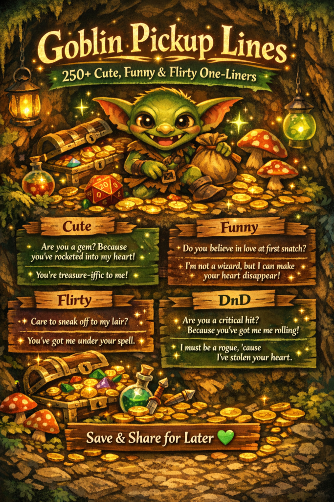 Goblin pickup lines infographic with cute, funny, and flirty fantasy one-liners for captions, DMs, and DnD roleplay, featuring a playful goblin, treasure, and magical cave design