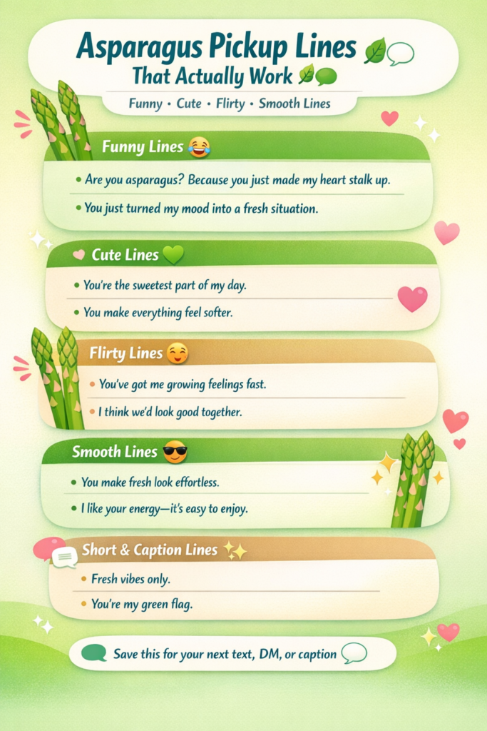 Infographic showing funny, cute, flirty, and smooth asparagus pickup lines for texting, DMs, and social media captions.