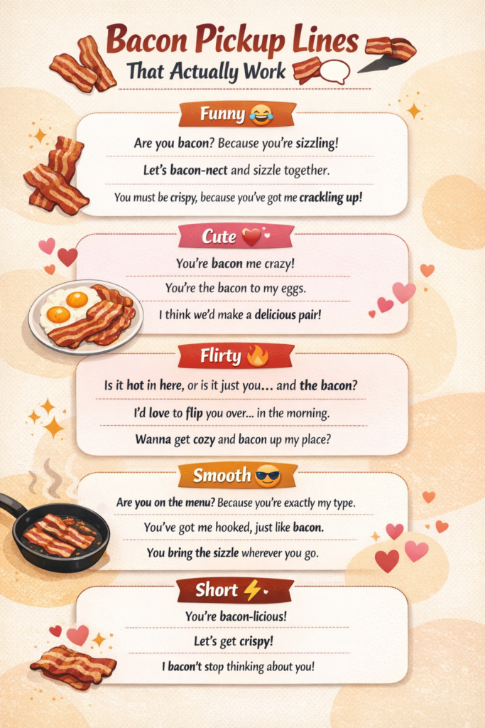 Bacon pickup lines infographic featuring funny, cute, flirty, and smooth lines for texting, Tinder, captions, and playful flirting.
