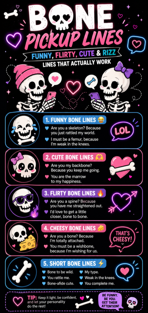 Bone pickup lines infographic with funny, flirty, cute, cheesy, and rizz examples for Tinder, Instagram DMs, Snapchat, and texting