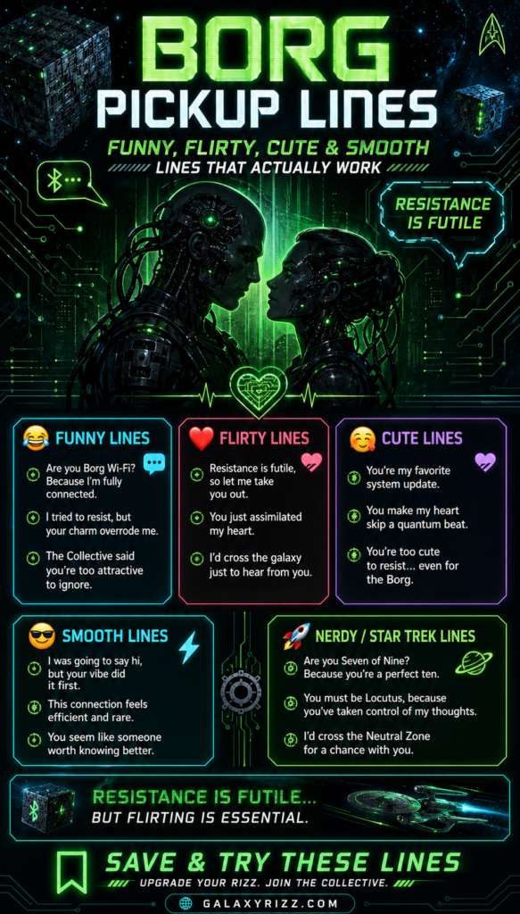 Borg pickup lines infographic featuring funny, flirty, cute, and smooth Star Trek-inspired lines with futuristic neon design and sci-fi elements.