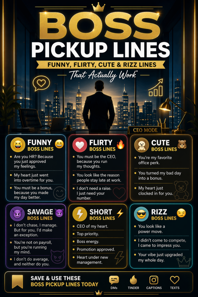 Boss pickup lines infographic featuring funny, flirty, cute, short, and rizz-style lines for DMs, Tinder, and social media captions.