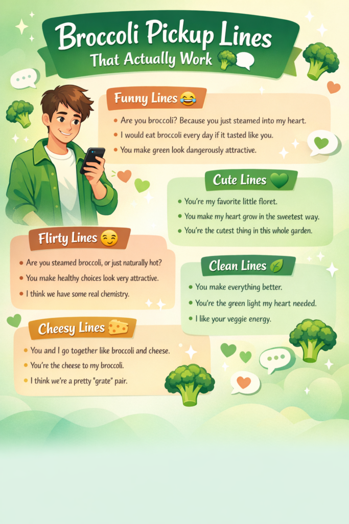 Broccoli pickup lines infographic featuring funny, cute, flirty, clean, and cheesy lines for texts, DMs, Tinder, and social media captions.