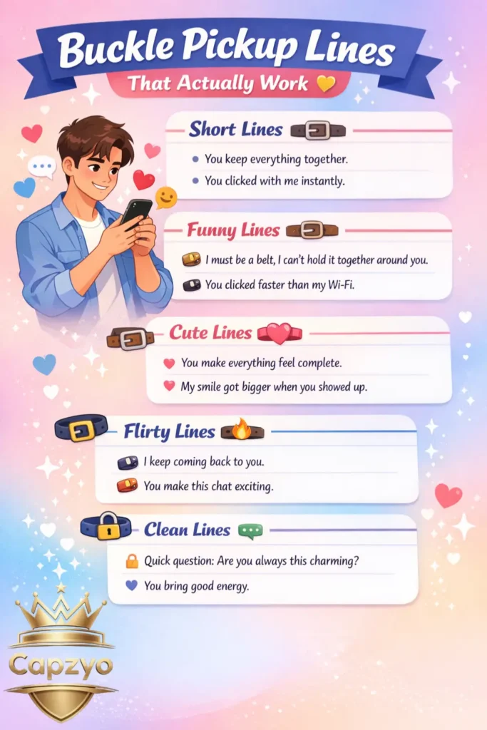 Buckle pickup lines infographic featuring funny, cute, flirty, and clean lines for texting, captions, and social media flirting