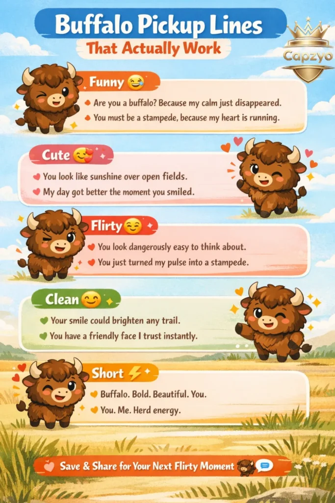Buffalo pickup lines infographic featuring funny, cute, flirty, clean, and short lines with a cartoon bison in a playful prairie design