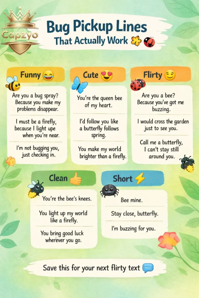 Bug pickup lines infographic featuring funny, cute, flirty, clean, and short lines with cartoon bee, butterfly, ladybug, and firefly illustrations
