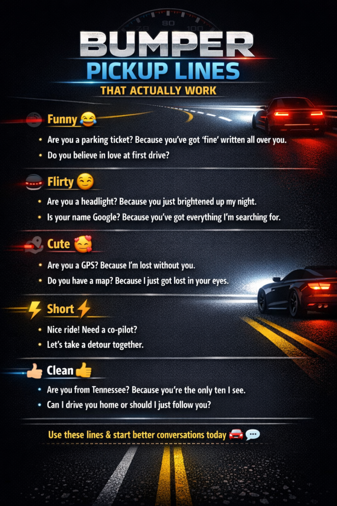 Bumper pickup lines infographic featuring funny, flirty, cute, short, and clean car-themed lines for Tinder, texts, and social media captions
