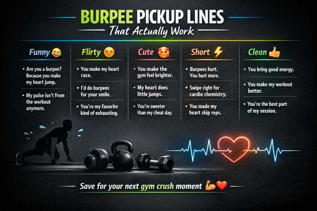 Burpee pickup lines infographic featuring funny, flirty, cute, short, and clean gym pickup lines for Tinder, texts, and captions
