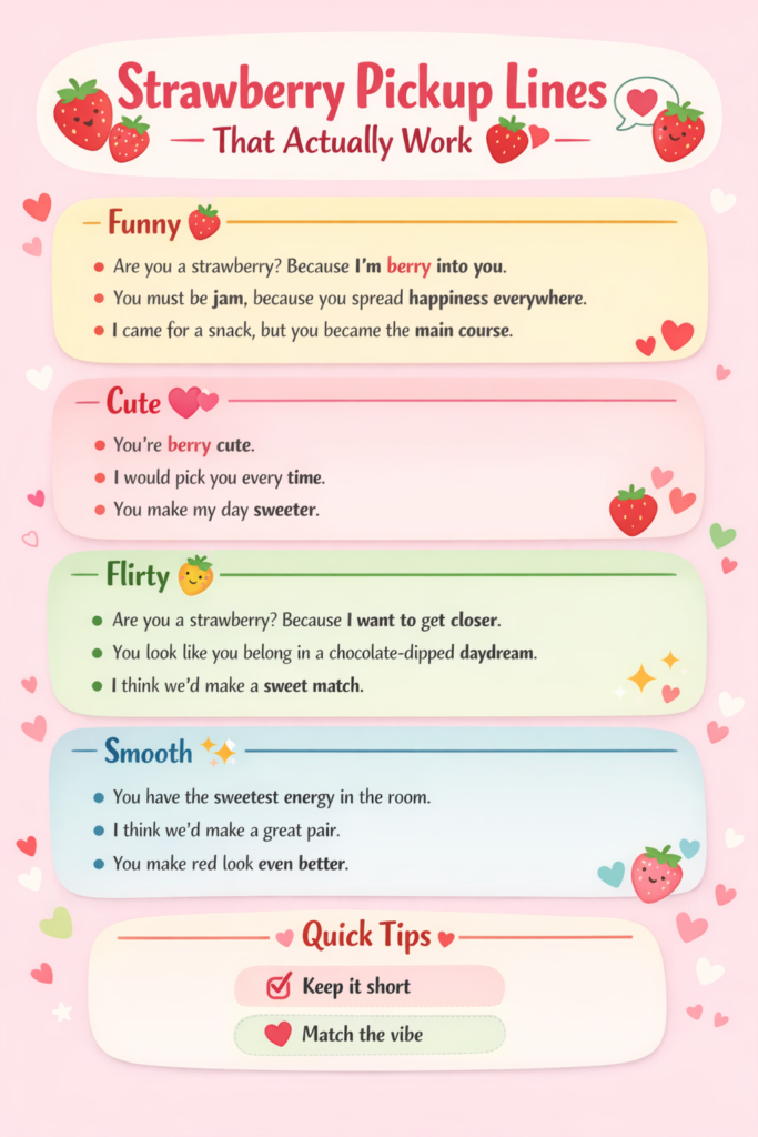 Strawberry pickup lines infographic featuring funny, cute, flirty, and smooth lines for texting, Tinder, and social media captions