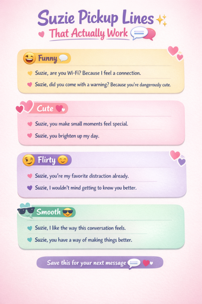 Suzie pickup lines infographic featuring funny, cute, flirty, and smooth lines for texting, DMs, and dating apps