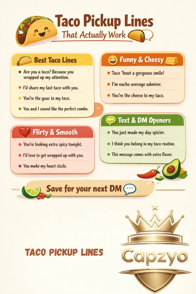 Taco pickup lines infographic featuring funny, flirty, cheesy, and smooth lines for texting, DMs, captions, and dating apps.