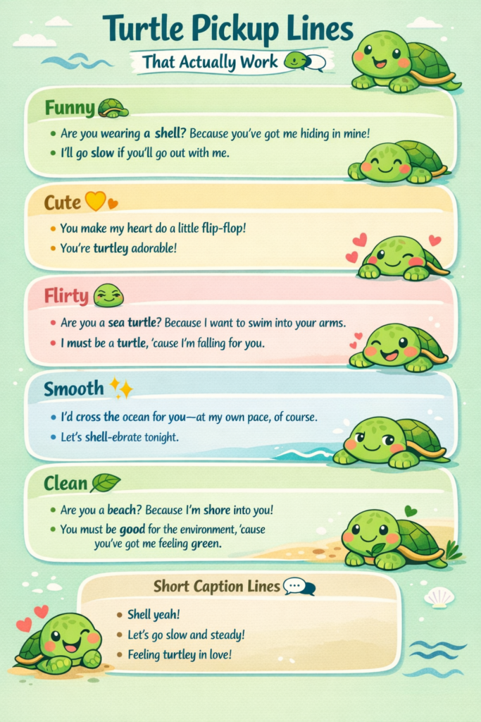 Turtle pickup lines infographic with funny, cute, flirty, and clean turtle lines for texting, Tinder, captions, and social media flirting.