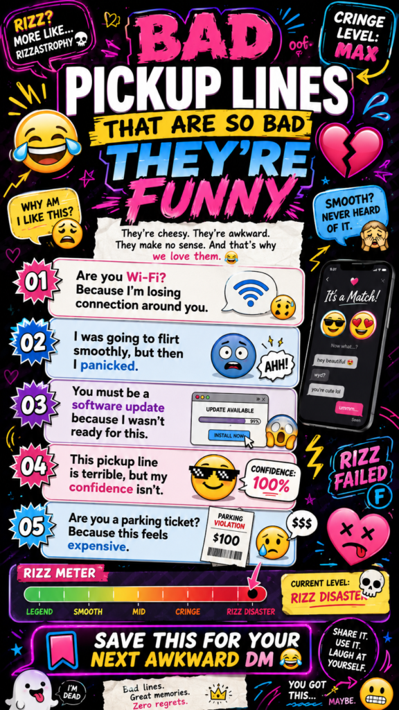 Colourful vertical info graphic titled “Bad Pickup Lines That Are So Bad They’re Funny” featuring cringe-worthy pickup lines, meme-style emojis, dating app graphics, broken hearts, neon text, and a funny Frizz meter in a TikTok-inspired design.