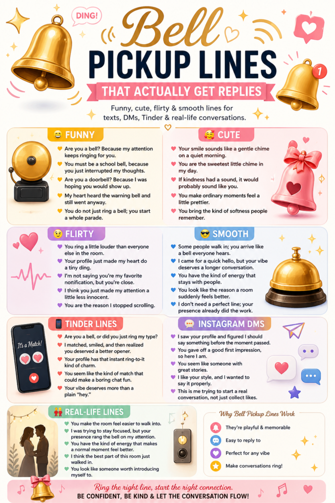 Bell pickup lines infographic featuring funny, cute, flirty, and smooth lines for Tinder, Instagram DMs, texting, and real-life conversations.