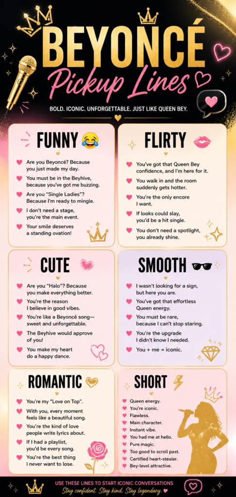 Beyoncé pickup lines infographic featuring funny, flirty, cute, smooth, romantic, and short one-liners for Tinder, Instagram DMs, and texting