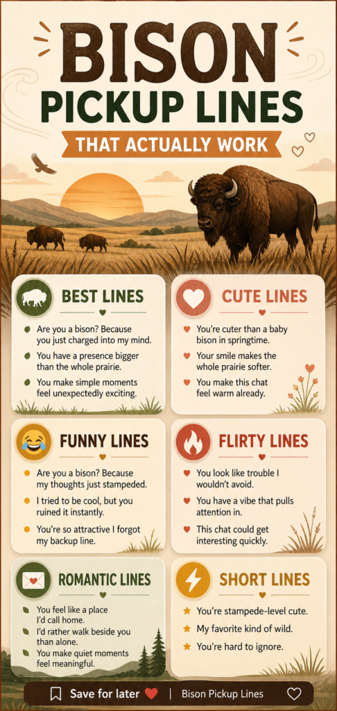 Bison pickup lines infographic featuring cute, funny, flirty, and romantic rizz lines for Tinder, texting, Instagram DMs, and captions.