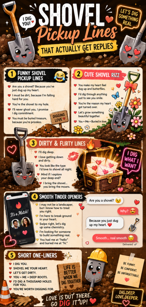 Funny shovel pickup lines infographic with cute cartoon shovels, hearts, dirt piles, treasure chests, and flirty dating app text designs.