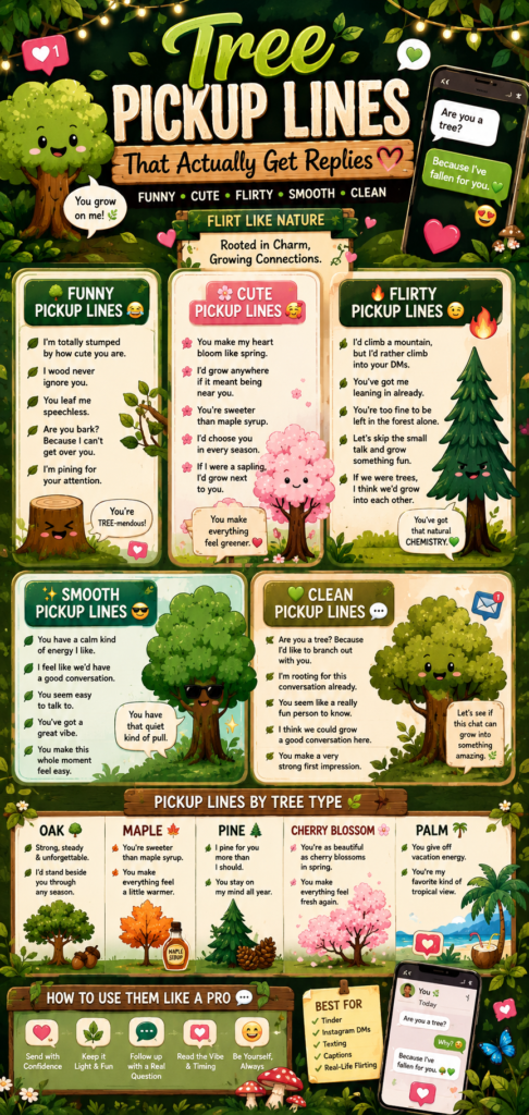  Funny and flirty tree pickup lines infographic with cute forest-themed illustrations, dating app visuals, and playful green aesthetic design.