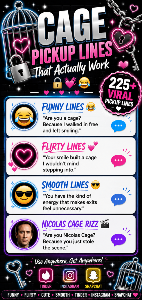 Infographic featuring funny, flirty, smooth, and Nicolas Cage-inspired cage pickup lines for Tinder, Instagram, Snapchat, and texting.
