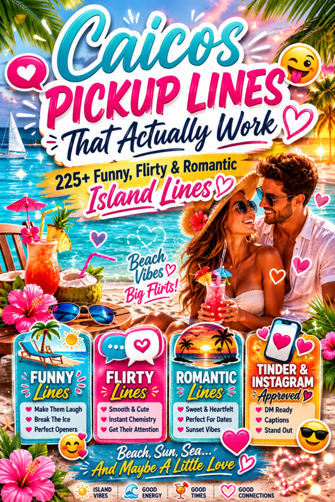 Colorful tropical infographic for Caicos pickup lines featuring a beach couple, turquoise ocean, palm trees, and funny, flirty, romantic island-themed pickup lines.