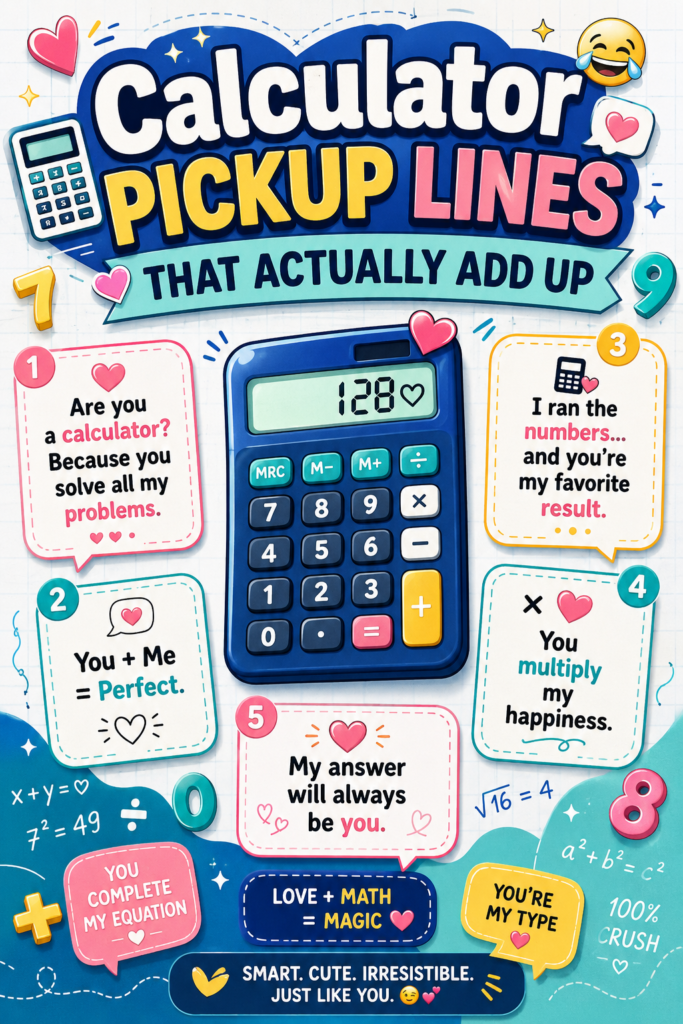 Calculator pickup lines infographic featuring funny, cute, and flirty math-themed pickup lines with calculator graphics, equations, and playful romantic designs.