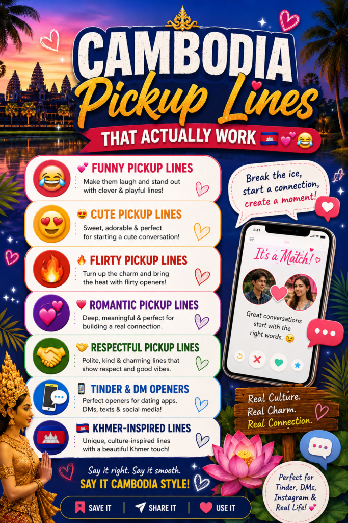 Cambodia pickup lines infographic featuring funny, cute, flirty, romantic, respectful, Tinder, DM, and Khmer-inspired pickup lines with Cambodia-themed illustrations.