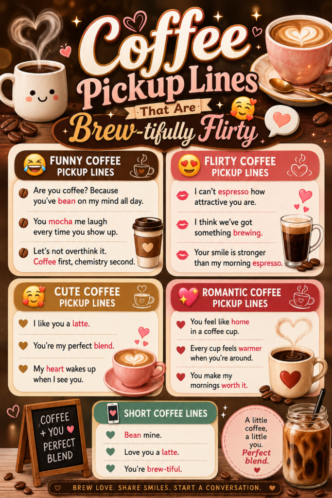 Coffee pickup lines infographic featuring funny, flirty, cute, romantic, and short coffee-themed pickup lines with cozy café illustrations, latte art, coffee beans, and warm coffeehouse colours.