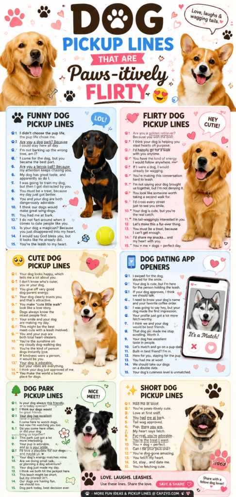 Dog pickup lines infographic featuring funny, cute, flirty, dog park, and dating app pickup lines for dog lovers with adorable puppies and paw-themed illustrations.