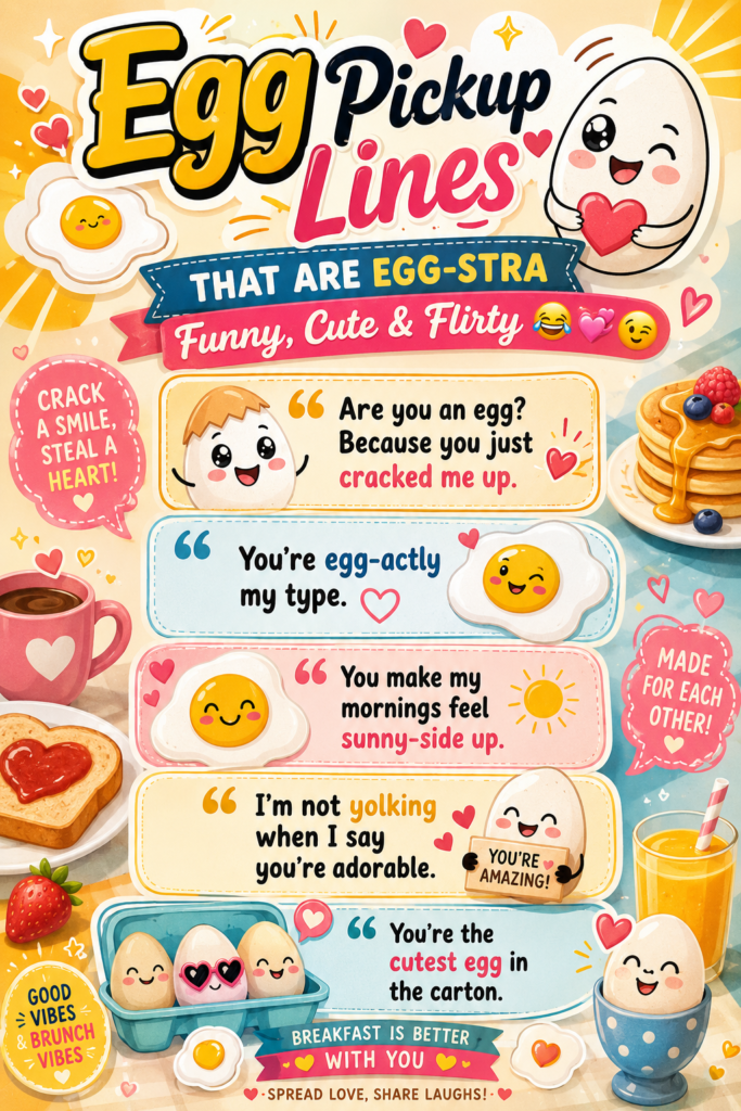Cute egg pickup lines infographic featuring funny, flirty, romantic, and clean egg-themed pickup lines with smiling eggs, breakfast illustrations, and playful brunch-inspired designs.
