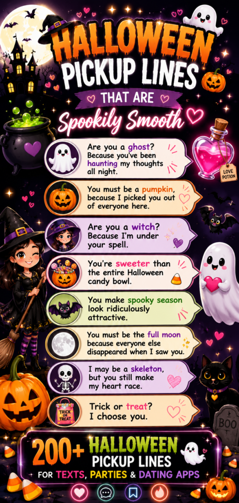 Halloween pickup lines infographic featuring funny, flirty, cute, and spooky pickup lines with pumpkins, ghosts, witches, bats, candy, and Halloween-themed dating jokes.