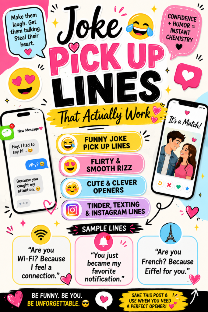 Colorful infographic featuring funny joke pick-up lines with playful chat bubbles, emojis, flirty text messages, and modern social media-inspired design.