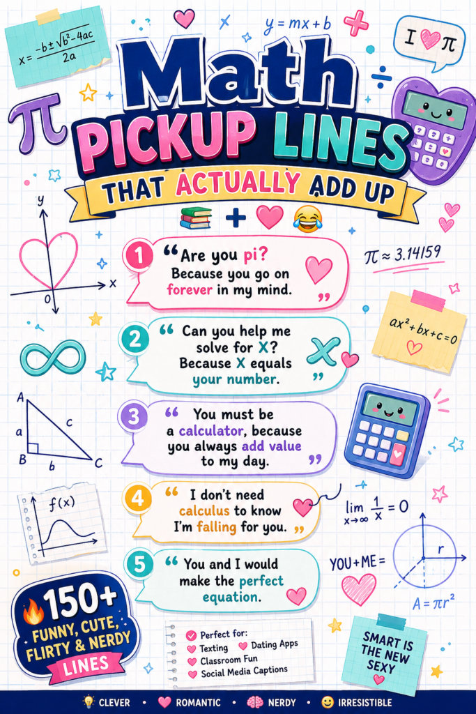 Math pickup lines info graphic featuring funny, cute, flirty, nerdy, and clean Math-themed pickup lines with equations, pi symbols, calculators, and romantic Math jokes.
